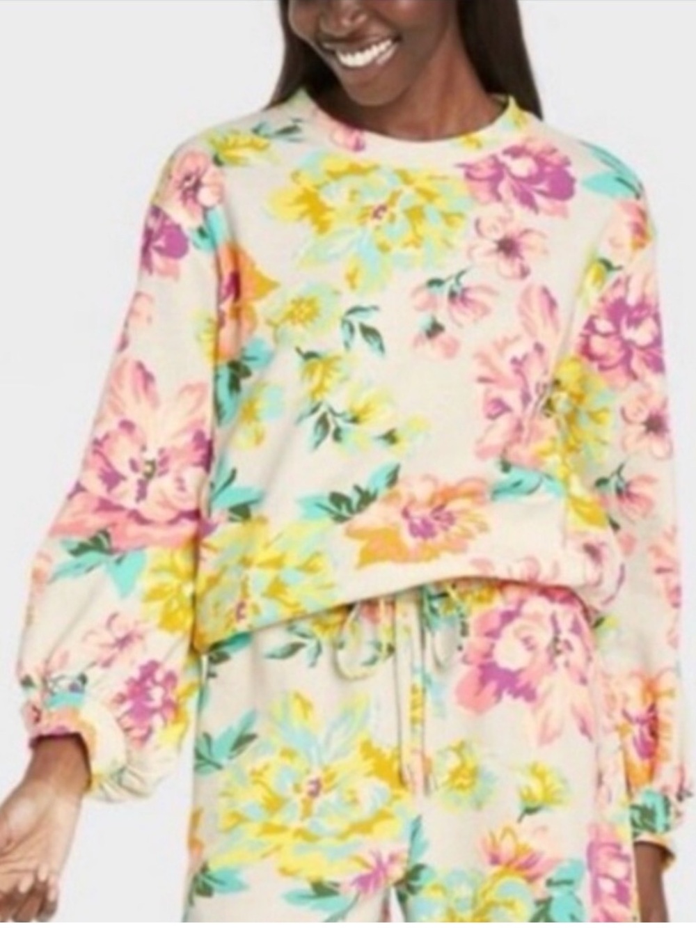 NEW Set! Who What Wear Garden Floral Sweatshirt L Elastic Waist Shorts M Lounge - Picture 3 of 15